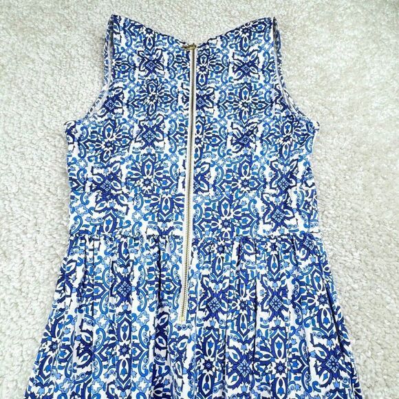 Milly V Neck Blue Print Dress Pockets - Picture 9 of 13